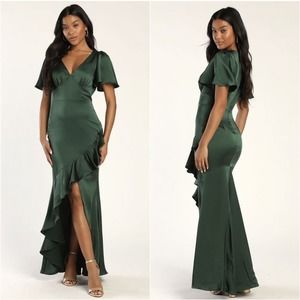 NEW LULUS Eternal Bond Emerald Satin Ruffled Flutter Sleeve Maxi Dress Medium